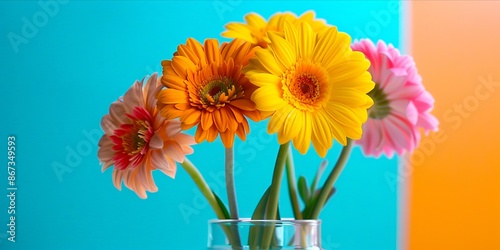 A vase of flowers in front of a blue wall.