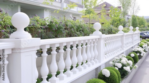 A white balustrade fence with decorative sphere finials extends across a lush garden with white flowers and green shrubs