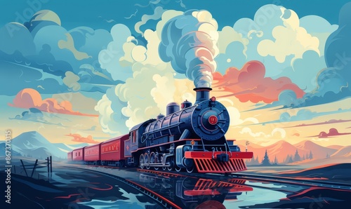 Railway background with steam engine, flat design, top view, industrial theme, cartoon drawing, colored pastel