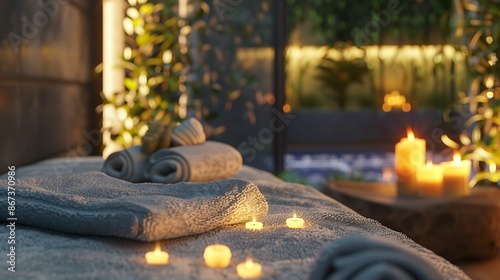 Tranquil spa setting with soft lighting, aromatic candles, and a relaxation area featuring plush towels and soothing decor