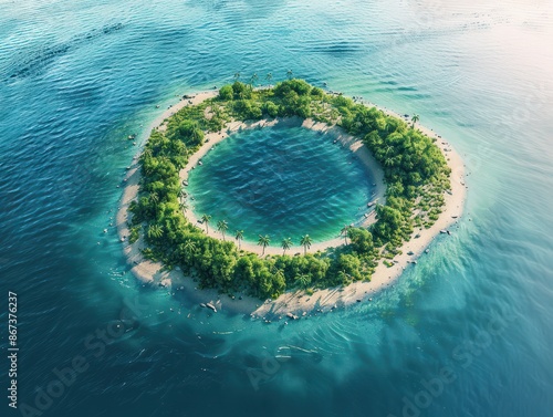 A huge circular island in the middle of the ocean, located in the middle of the sea, with a huge lagoon surrounded by white sandy beaches and tropical plants. nobody. Aerial high view. Generative AI.