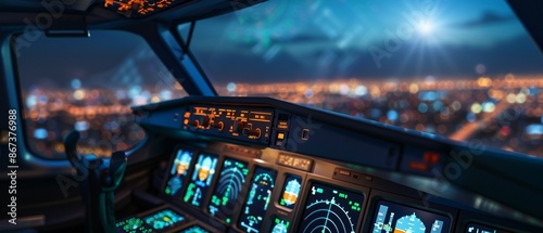 Airplane cockpit interior, detailed panels, modern technology, pilots viewpoint, high detail, immersive perspective, realistic atmosphere