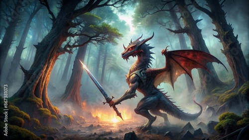 Fierce mythical dragon wielding crimson sword stands victorious amidst misty, eerie, ancient trees in a dark, mystical, medieval forest landscape.