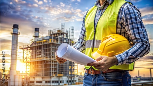 Construction engineering holding safety helmet and blueprint at construction site with city building, infrastructure facility background