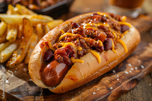 Mouthwatering chili cheese hot dog with fries on rustic wooden board