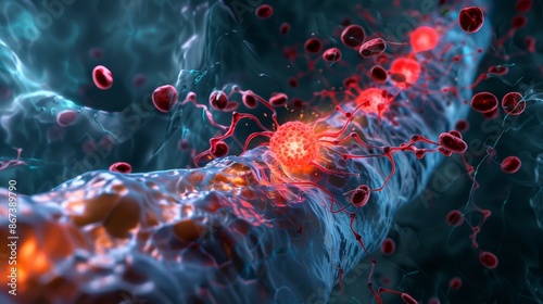 Conceptual depiction of the inflammation process in the esophagus with blood cells and immune response.