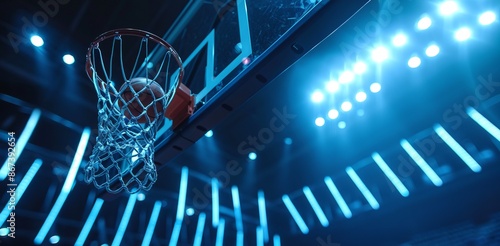 Vivid basketball hoop shot in dynamic arena lighting. Blue tones dominate the scene creating a modern aesthetic. Sports-themed stock image perfect for blog posts and promotional materials. AI