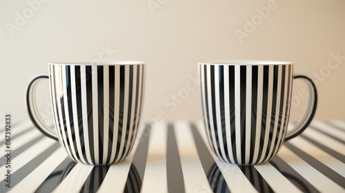 Two cups with black and white stripes on a matching background