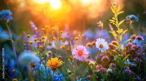 A meadow filled with flowers during sunset, with the flowers in the foreground captured in a realistic photo, backlit to emphasize their details