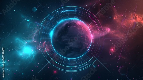 A vibrant space scene featuring a planet surrounded by a futuristic interface with cosmic elements