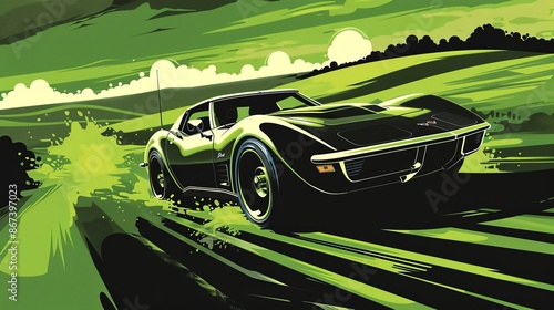 Stylized illustration of a classic Corvette car in a dynamic pose with a green countryside background