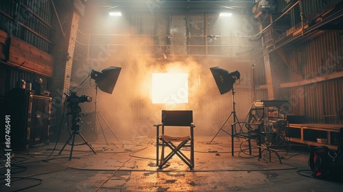 Empty directors chair on a soundstage with soft lighting surrounded by film equipment