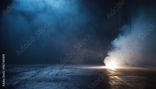 A low-angle shot of four spotlights illuminating a room filled with smoke, creating a mysterious and atmospheric scene