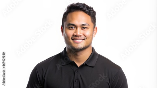 Isolated young Pacific Islander man in a black polo shirt stands confidently against a clean white transparent background alone.