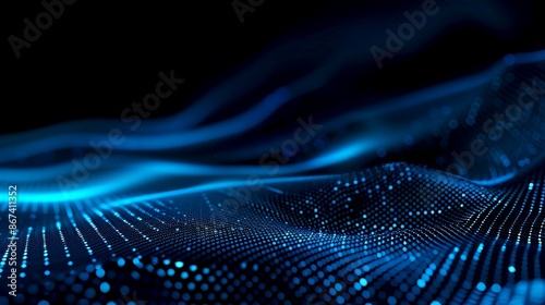 Abstract digital wave with flowing particles on dark background. Concept of AI and technology. Futuristic and modern style for innovation. Ideal for backgrounds or tech presentations. AI