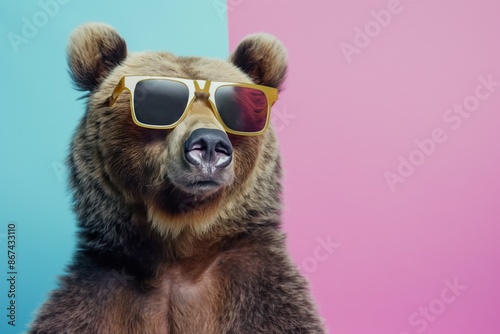 Brown bear wears yellow sunglasses on pink shirt against blue background. Furry animal looks directly at camera with friendly expression. Studio shot of ursine in trendy outfit.