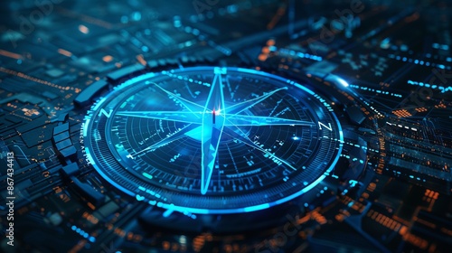 An advanced, highly detailed blue compass sits on a circuit board, illuminated with striking blue light effects to illustrate high-tech navigation and direction.