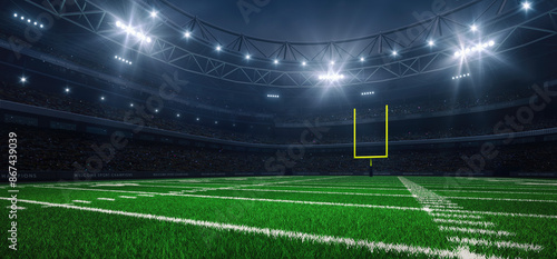 Modern sport stadium at night and american football field with yellow goalpost ready for the match. Sports background as 3D illustration in horizontal format for advertising.