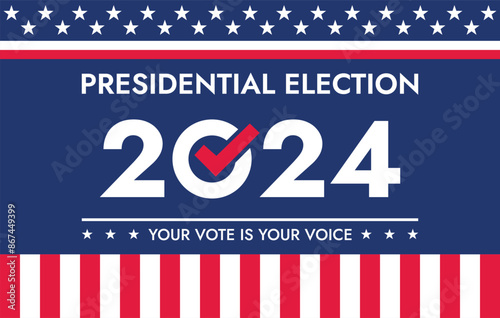 USA 2024 Presidential Election background with American flag colors design. Election event banner, card, poster, template, voting communication, background. Vote day, November 5. Vector illustration.