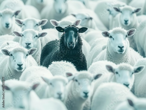 striking metaphorical scene of a lone black sheep amidst a flock of white ones symbolizes individuality standing out from the crowd and embracing uniqueness in a conformist world