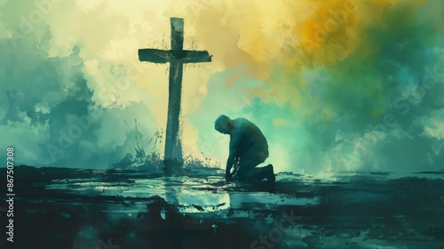 Man kneeling and praying in front of the cross. Digital watercolor painting