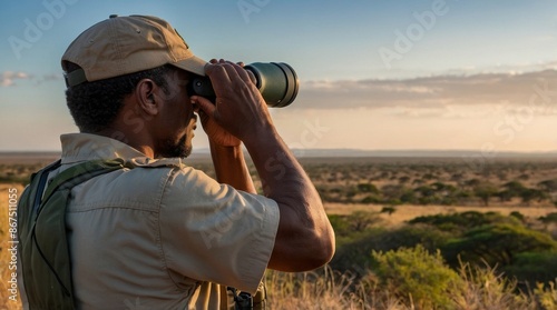 South Africa ranger looking through binoculars in sear