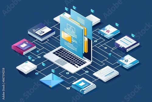 A richly detailed isometric illustration of a laptop with connected documents and data, an abstract and visually appealing wallpaper and background best-seller