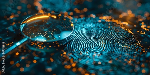 Closeup magnifying glass on fingerprint for biometric identification and forensic investigation. Concept Magnifying Glass, Fingerprint Analysis, Biometric Identification, Forensic Investigation