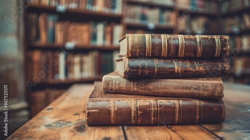 A classic scene featuring leather books stacked on a wooden table indoors, highlighting the richness, wisdom, and artistic elegance associated with these timeless treasures.