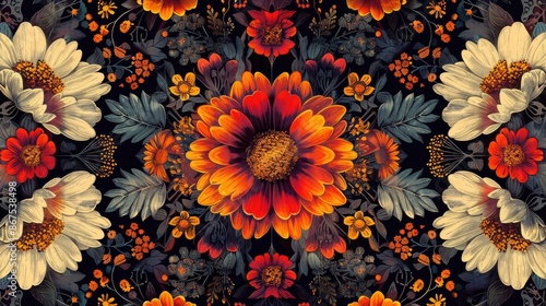 Vibrant floral pattern featuring colorful autumn flowers in a symmetrical design with rich, dark background.