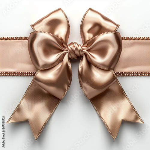 Decorative rose gold bow with long ribbon isolated on white background, generative Ai