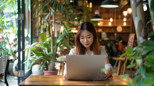 Happy asian freelancer working on laptop at coffee shop realistic home office image