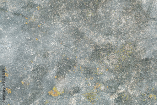 Rough surface of a gray stone with rosettes of lichen, natural rock background.