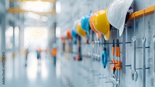 Row of safety helmets and tools on a wall in an industrial setting, highlighting workplace safety and equipment organization.