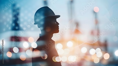 Silhouette of a worker in a hardhat with industrial background. Double exposure with abstract lights and American flag.