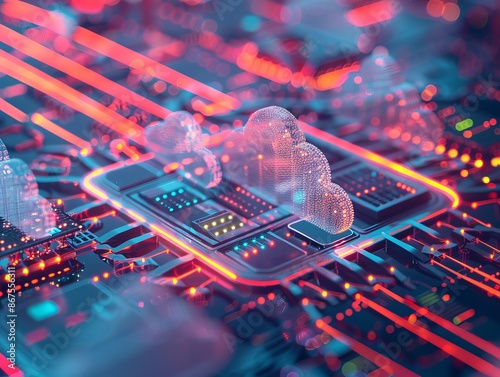 This illustration imagines cloud computing as an abstract, glowing cloud over a futuristic circuit board, ideal for a tech wallpaper or background scene