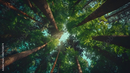 From below tall trees with green foliage growing in forest