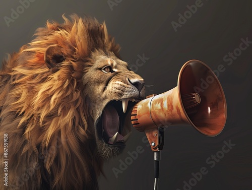 Illustration of an abstract scene with a lion roaring into a megaphone, symbolizing power and communication, makes a striking wallpaper or background