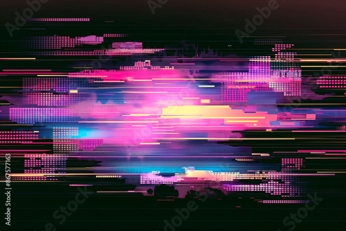 Abstract digital artwork with a glitch effect on a dark background, in shades of pink and blue, conveying a futuristic concept. Generative AI