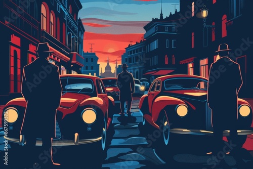 Italian mafia lifestyle aesthetic flat illustration - mobsters, vintage cars, the mystique and allure of organized crime in Italy. 