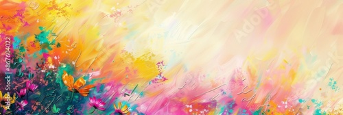 Abstract painting with vibrant warmtoned floral meadow, blending hues to create colorful, lively composition