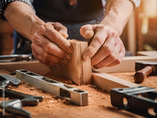 Manos de carpintero trabajando la madera