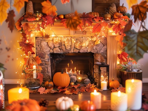 Cozy fireplace decorated with pumpkins, autumn leaves, and candles for a warm and inviting fall atmosphere.