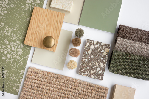 Interior Design Material Sample Board with Fabrics, Terrazzo, Wood, and Wallpaper for Home Decoration Mood Board Concept