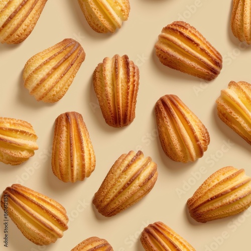 Flat lay of freshly baked madeleine cookies, close-up view from above.