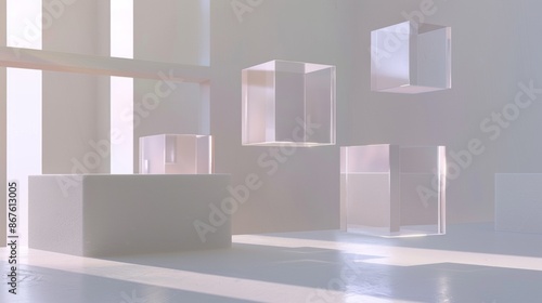 White Room With Glass Cubes And Sunlight Streaming Through Windows