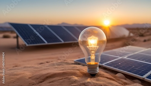 Concetto di energia verde e rinnovabile, lampadina, lampadine accesa in un contorno di pannelli solari e deserto assolato