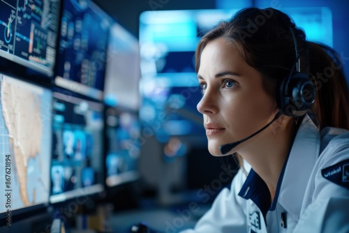 Focused Female Air Traffic Controller in Headset