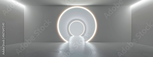 Abstract white tunnel with glowing neon lines and light effects. Product Presentation Background,光るネオンラインと光のエフェクトを持つ抽象的な白いトンネル。製品プレゼンテーションの背景,Generative AI 