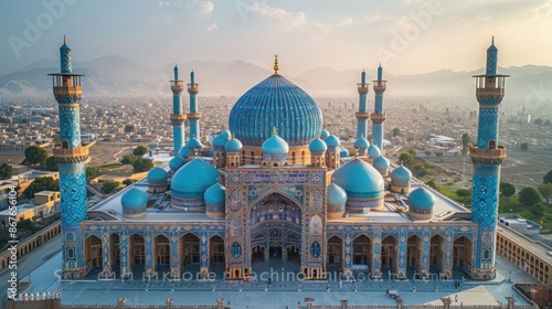 Drone view of the iconic Blue Mosque in Mazar-i-Sharif, Afghanistan